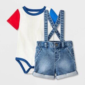 NWT Baby Boys' 0-3M Denim Suspender Set - Cat & Jack Red/Blue